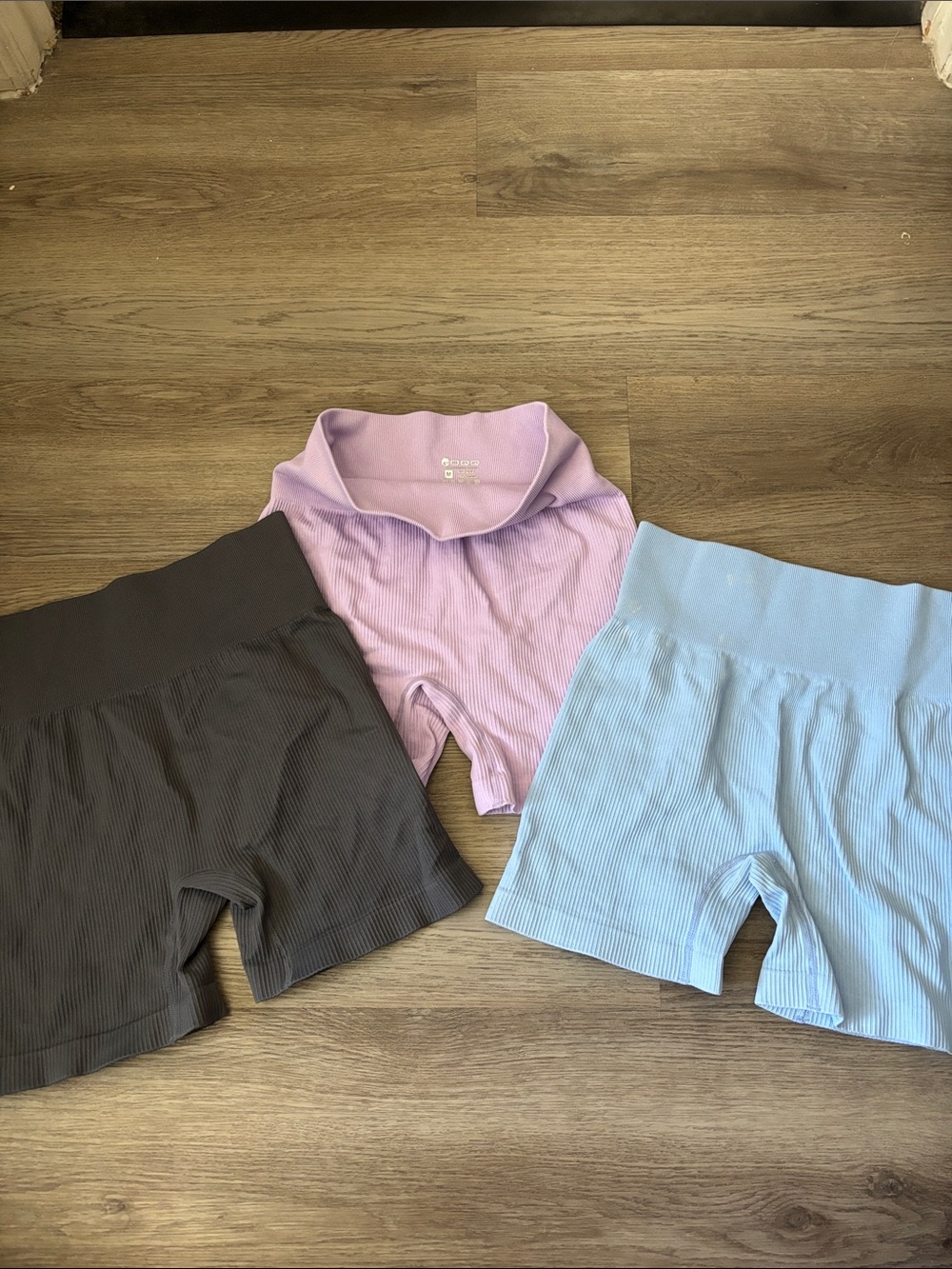 3-Pack Ribbed High-Waist Athletic Shorts — Lavender, Sky Blue, Charcoal